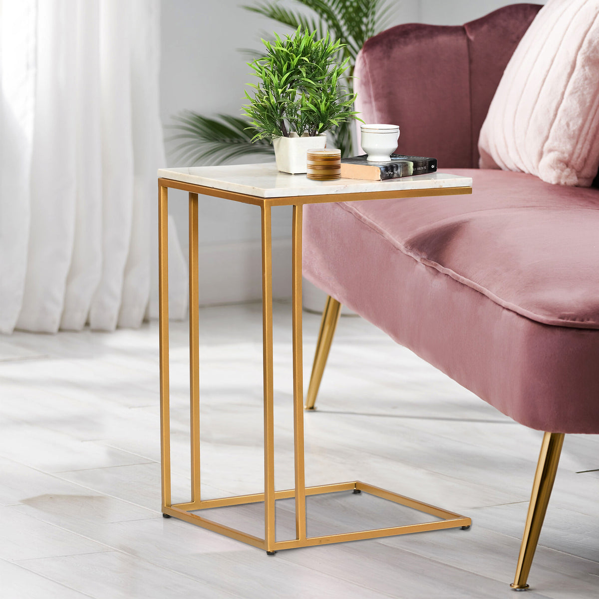 Modern White Marble C-Table Side  Table with Gold Metal Frame