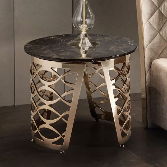 Round Black Marble Top Side Table with  Cut-Out Gold Metal Base