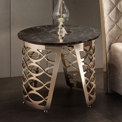 Round Black Marble Top Side Table with  Cut-Out Gold Metal Base