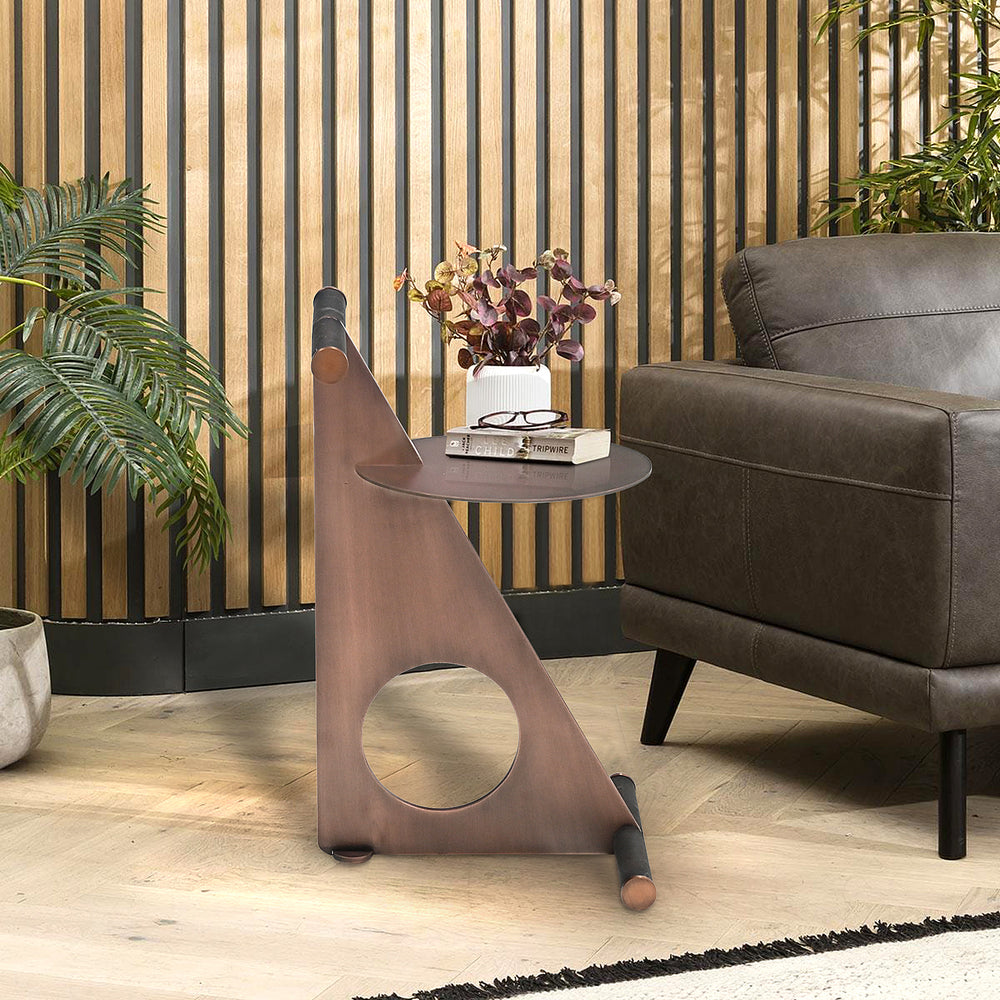 Trinity Geometric Metal Side Table, Antique Brushed Copper – styled view