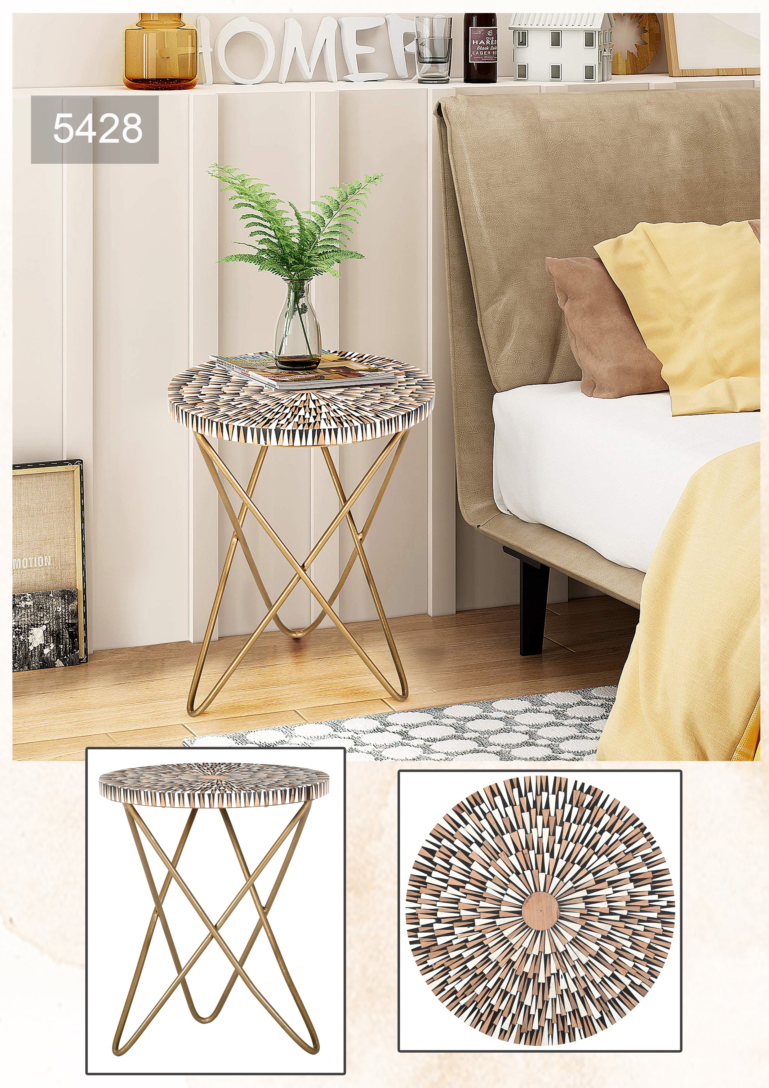 Artisanal Mosaic Bone Inlay Round Side  Table with Cross-Leg Gold Frame