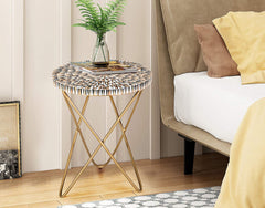 Artisanal Mosaic Bone Inlay Round Side  Table with Cross-Leg Gold Frame