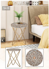 Artisanal Mosaic Bone Inlay Round Side  Table with Cross-Leg Gold Frame