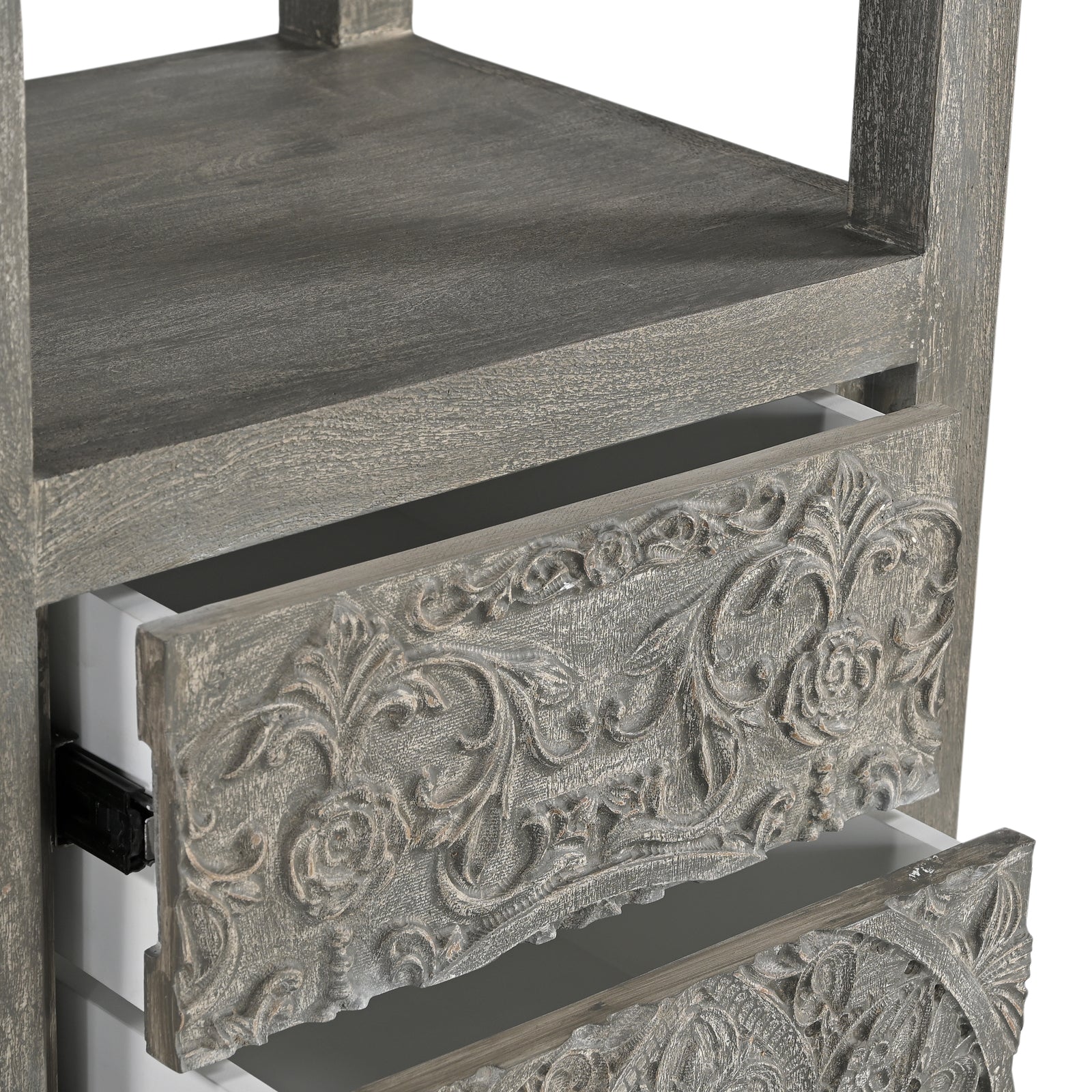 Tall Hand-Carved Wooden Storage Tower with  Open Shelves and Cabinet