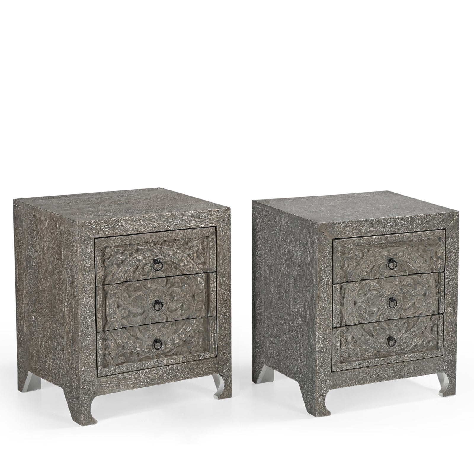 Hand-Carved Wooden 3-Drawer Nightstand  Side Table