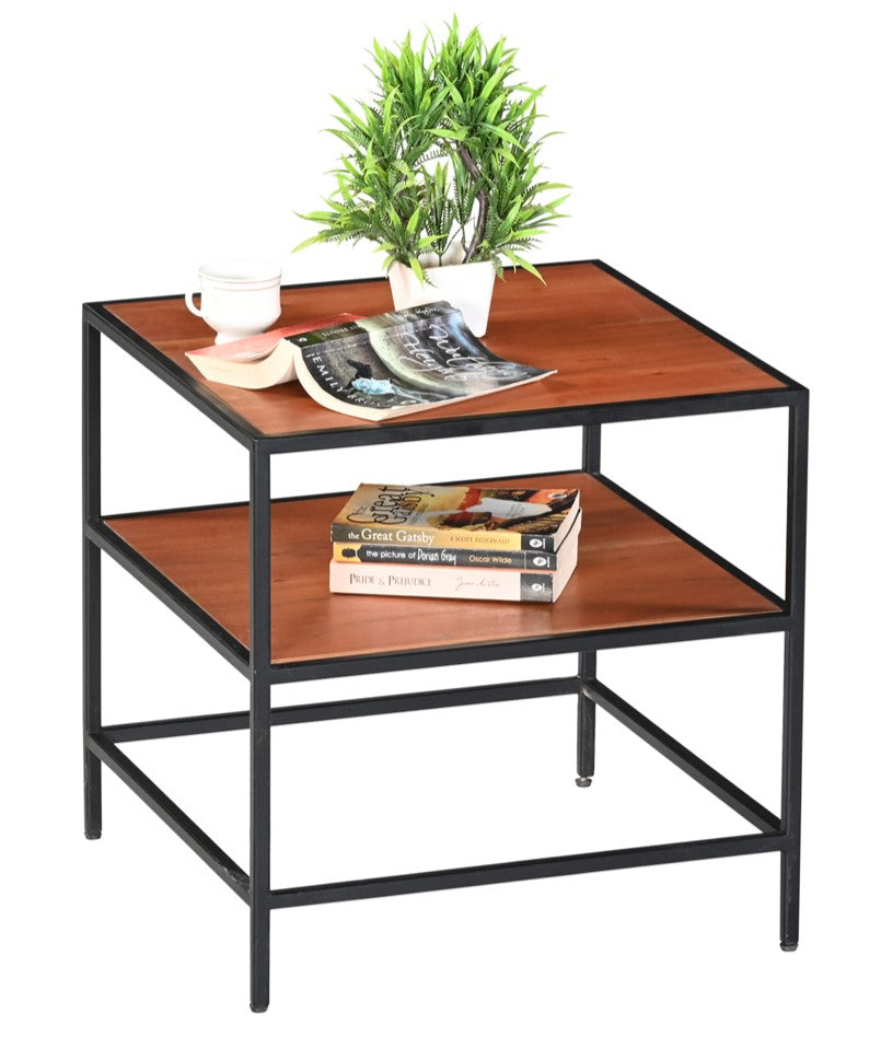 Modern Industrial 2-Tier Square Side  Table with Black Metal Frame