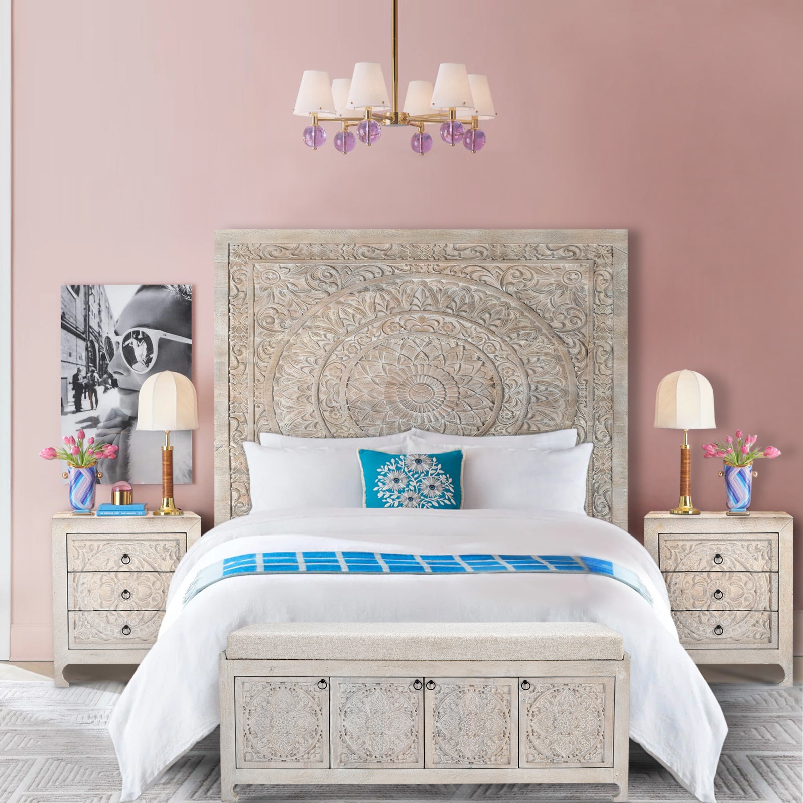 Large Hand-Carved Wooden Headboard  Panel in Light Whitewash Finish
