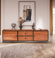 Modern Industrial Long TV Console  Table with 2 Drawers and 2 Side Cabinets