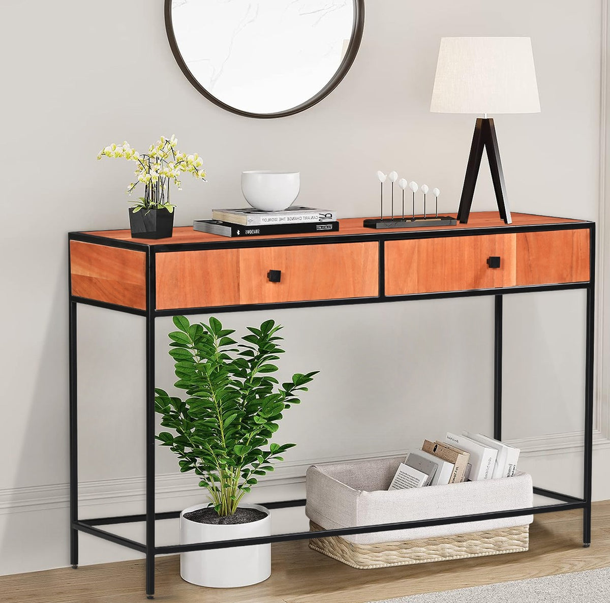 Modern Industrial 2-Drawer Entryway  Console Table with Black Metal Frame