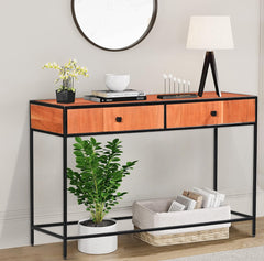 Modern Industrial 2-Drawer Entryway  Console Table with Black Metal Frame