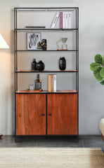 Tall Modern Industrial Bookshelf with Storage  Cabinet and Black Metal Frame