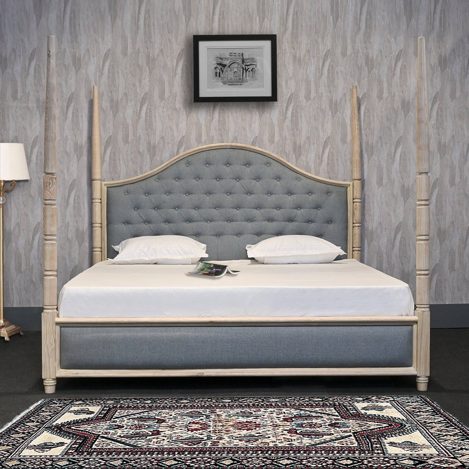 Modern Vintage Four-Poster Wooden King Bed with Upholstered Tufted Headboard