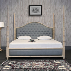 Modern Vintage Four-Poster Wooden King Bed with Upholstered Tufted Headboard