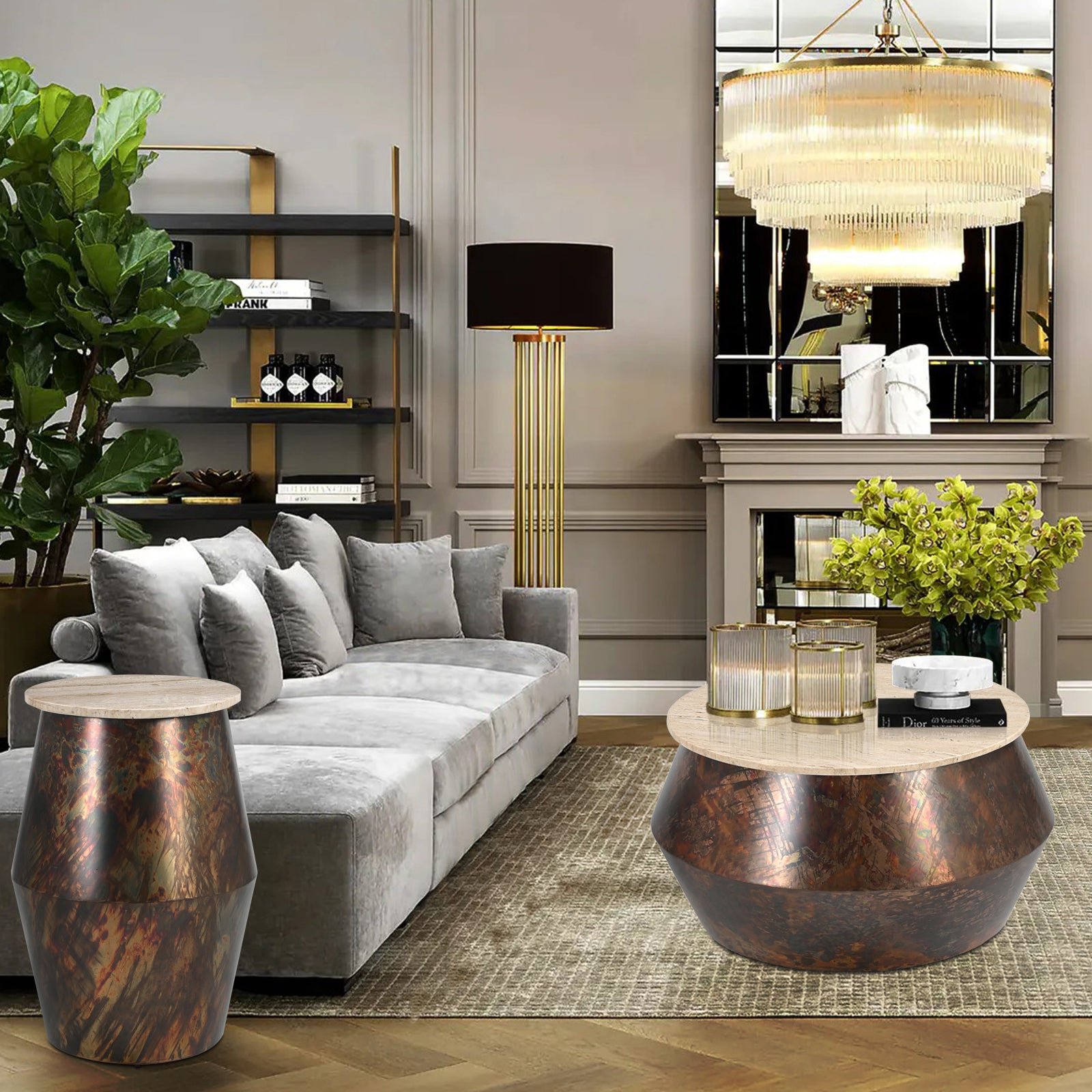 Round Travertine Stone Top Side  Table with Metallic Drum Base