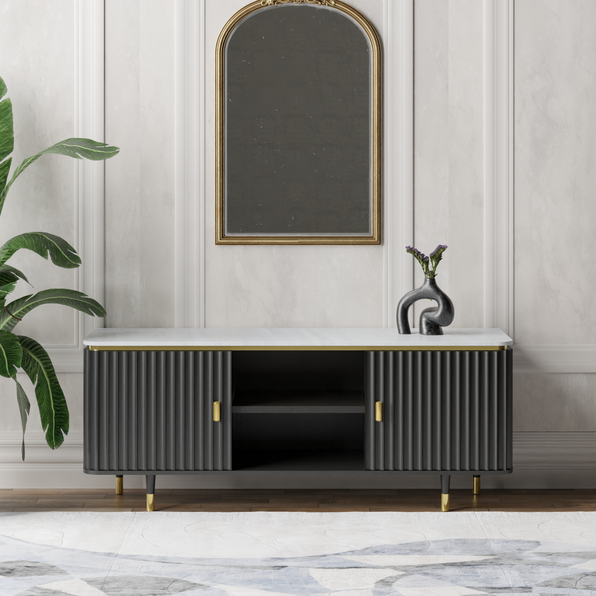 Modern Fluted Black TV Console Unit with White Marble Top & Gold Accents