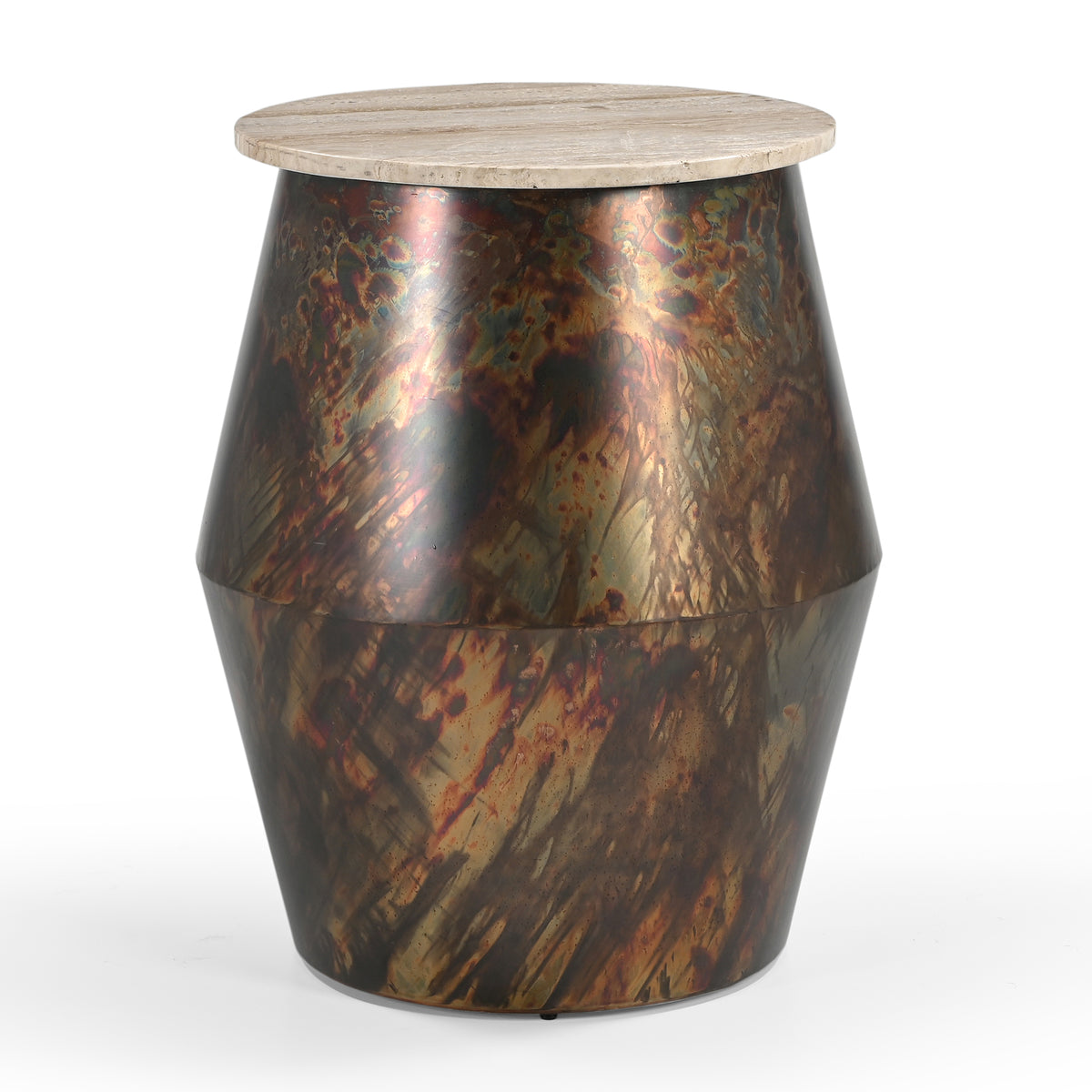 Round Travertine Stone Top Side  Table with Metallic Drum Base
