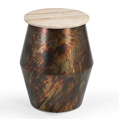 Round Travertine Stone Top Side  Table with Metallic Drum Base