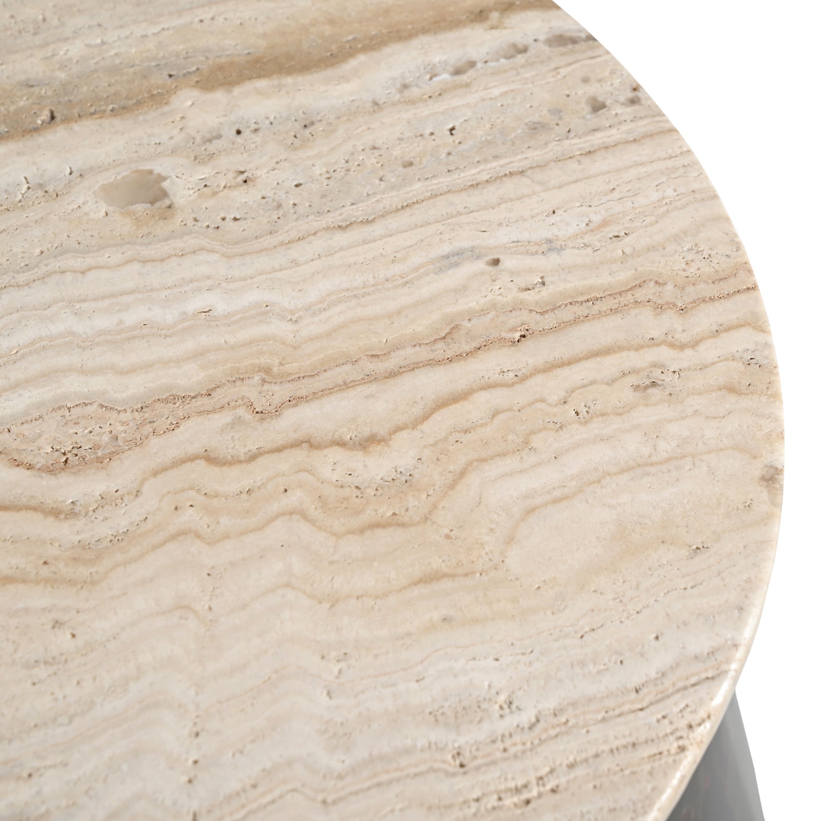 Round Travertine Stone Top Side  Table with Metallic Drum Base