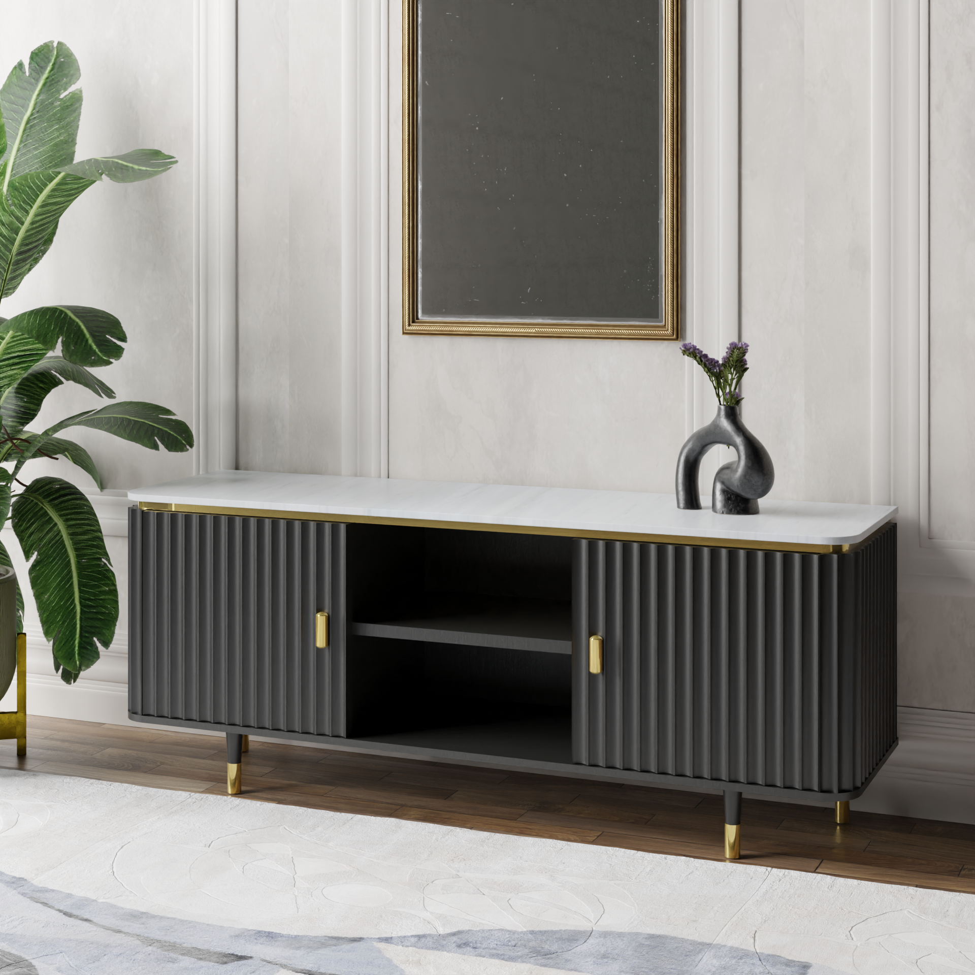 Modern Fluted Black TV Console Unit with White Marble Top & Gold Accents