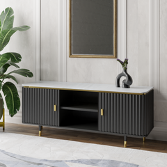 Modern Fluted Black TV Console Unit with White Marble Top & Gold Accents