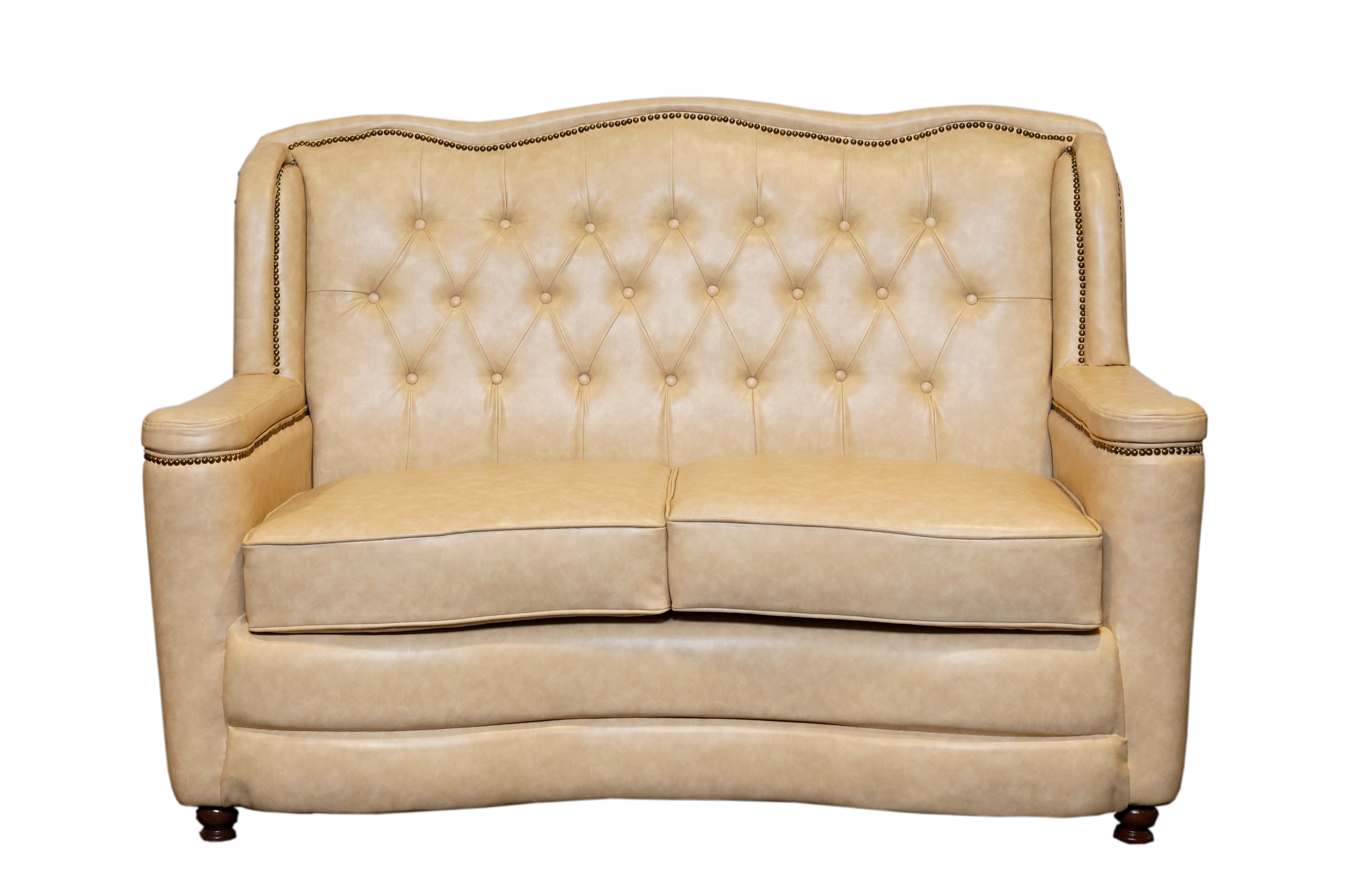 "Luxury Cream Beige Tufted Leather Sofa  Set with Scalloped Backrest"