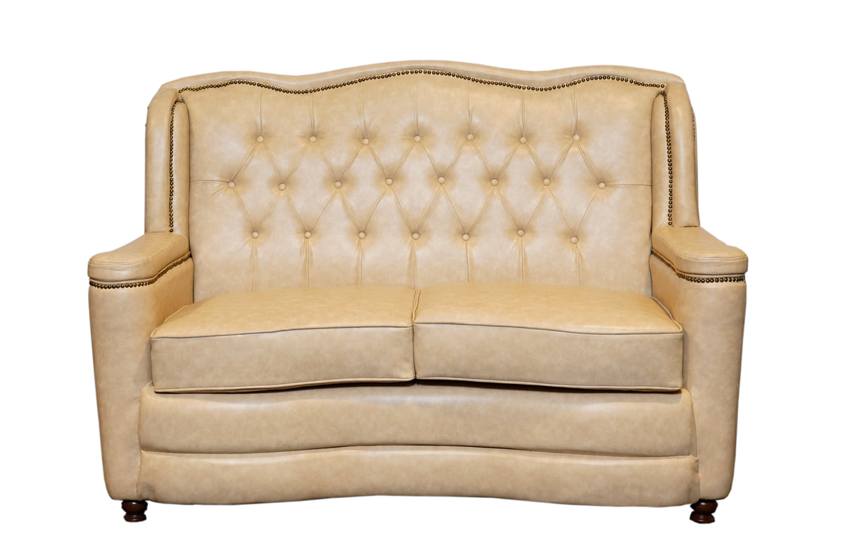 "Luxury Cream Beige Tufted Leather Sofa  Set with Scalloped Backrest"