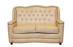 "Luxury Cream Beige Tufted Leather Sofa  Set with Scalloped Backrest"
