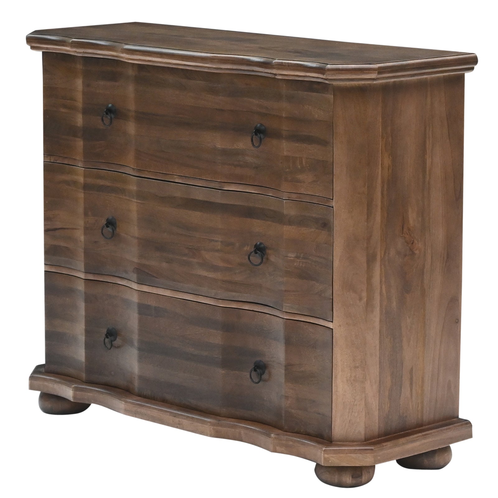 Rustic Solid Wood 3-Drawer Dresser Chest with Curved Front and Ring Pulls