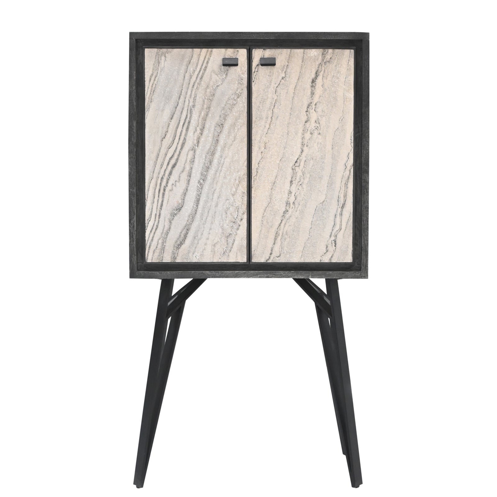 Modern 2-Door Storage Cabinet with Stone-Pattern Doors and Tall Metal Legs
