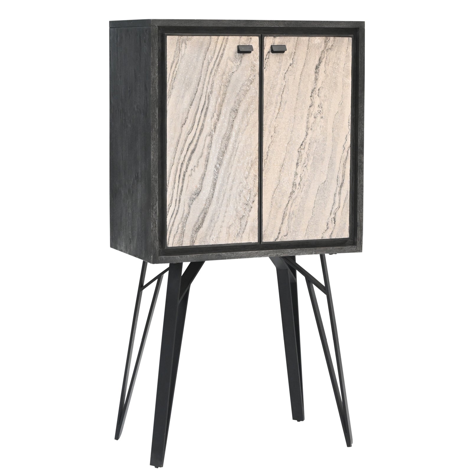 Modern 2-Door Storage Cabinet with Stone-Pattern Doors and Tall Metal Legs