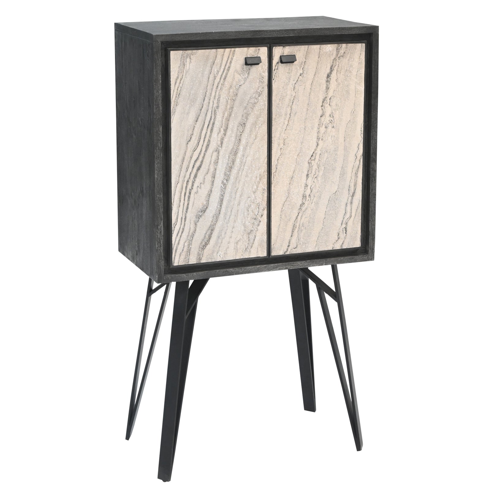 Modern 2-Door Storage Cabinet with Stone-Pattern Doors and Tall Metal Legs