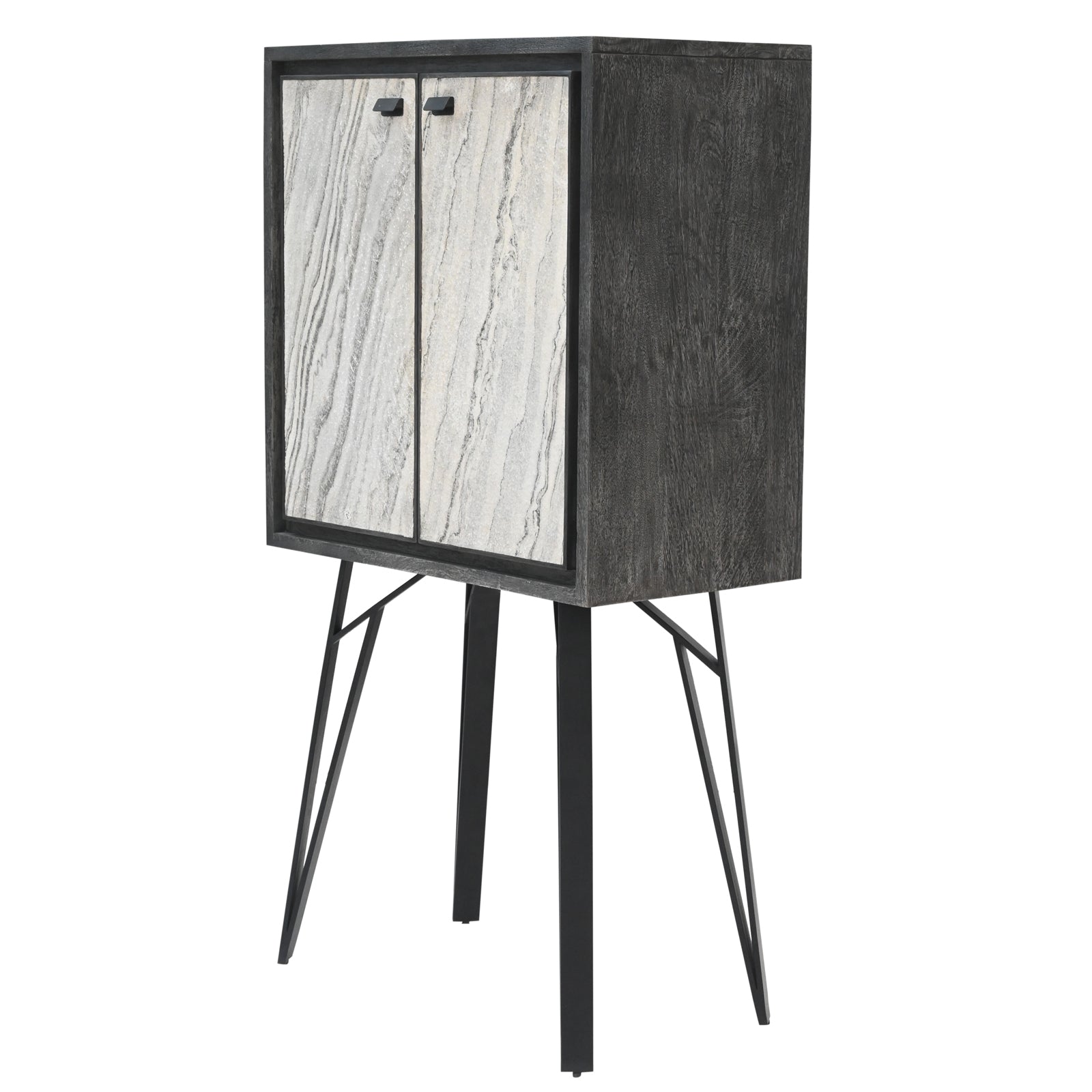 Modern 2-Door Storage Cabinet with Stone-Pattern Doors and Tall Metal Legs