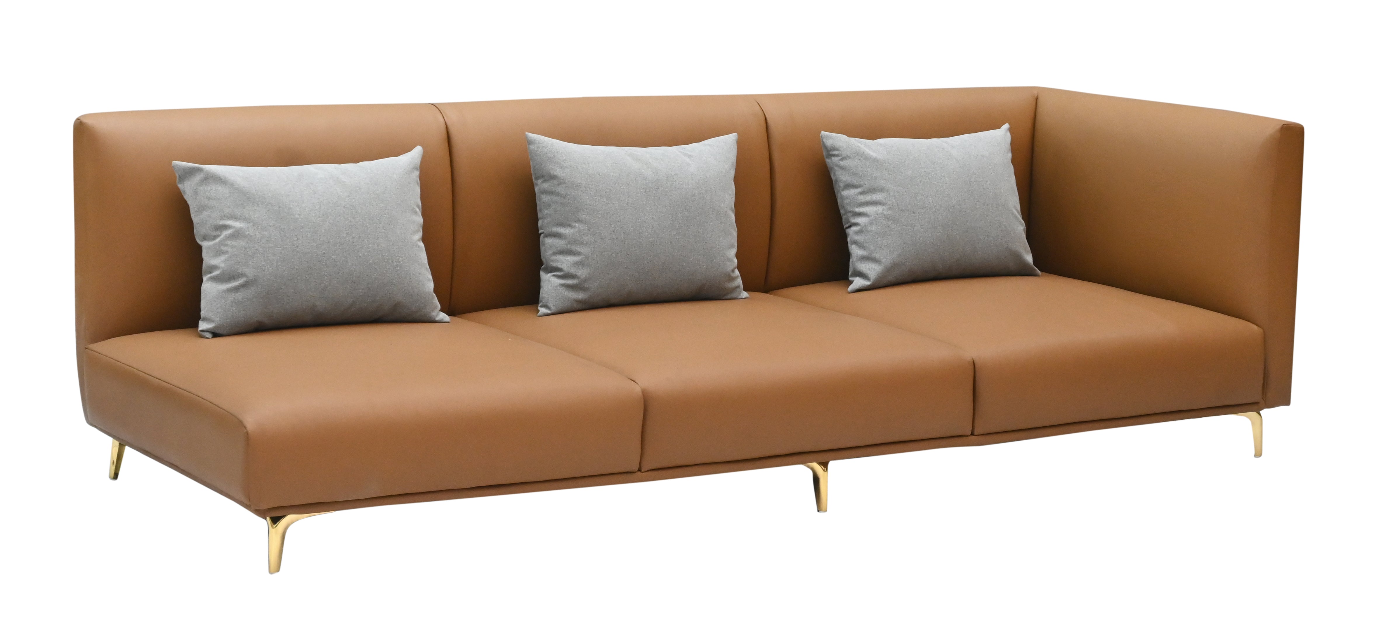 "Modern Tan Leather 3-Seater Sectional Sofa with  Gold Legs (Right-Arm/Left-Arm Facing)"