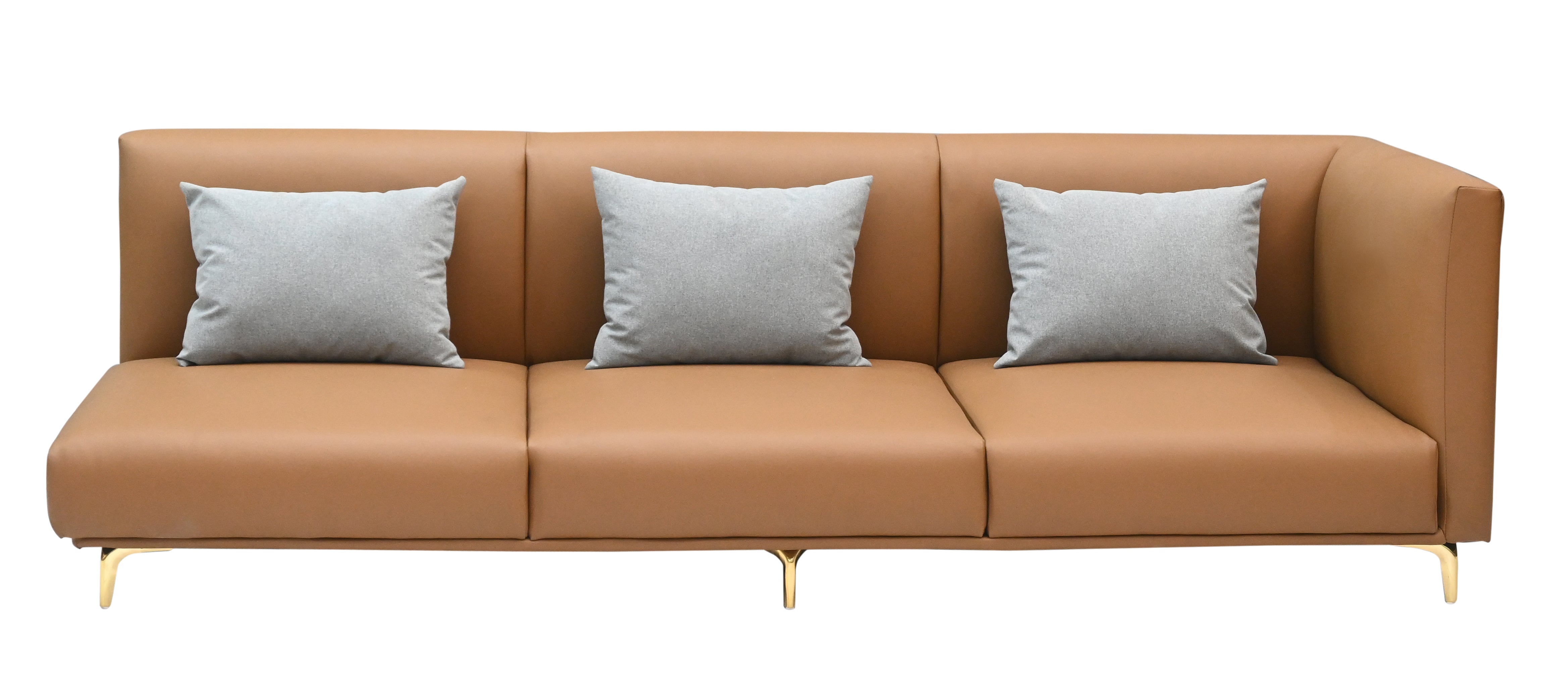 "Modern Tan Leather 3-Seater Sectional Sofa with  Gold Legs (Right-Arm/Left-Arm Facing)"