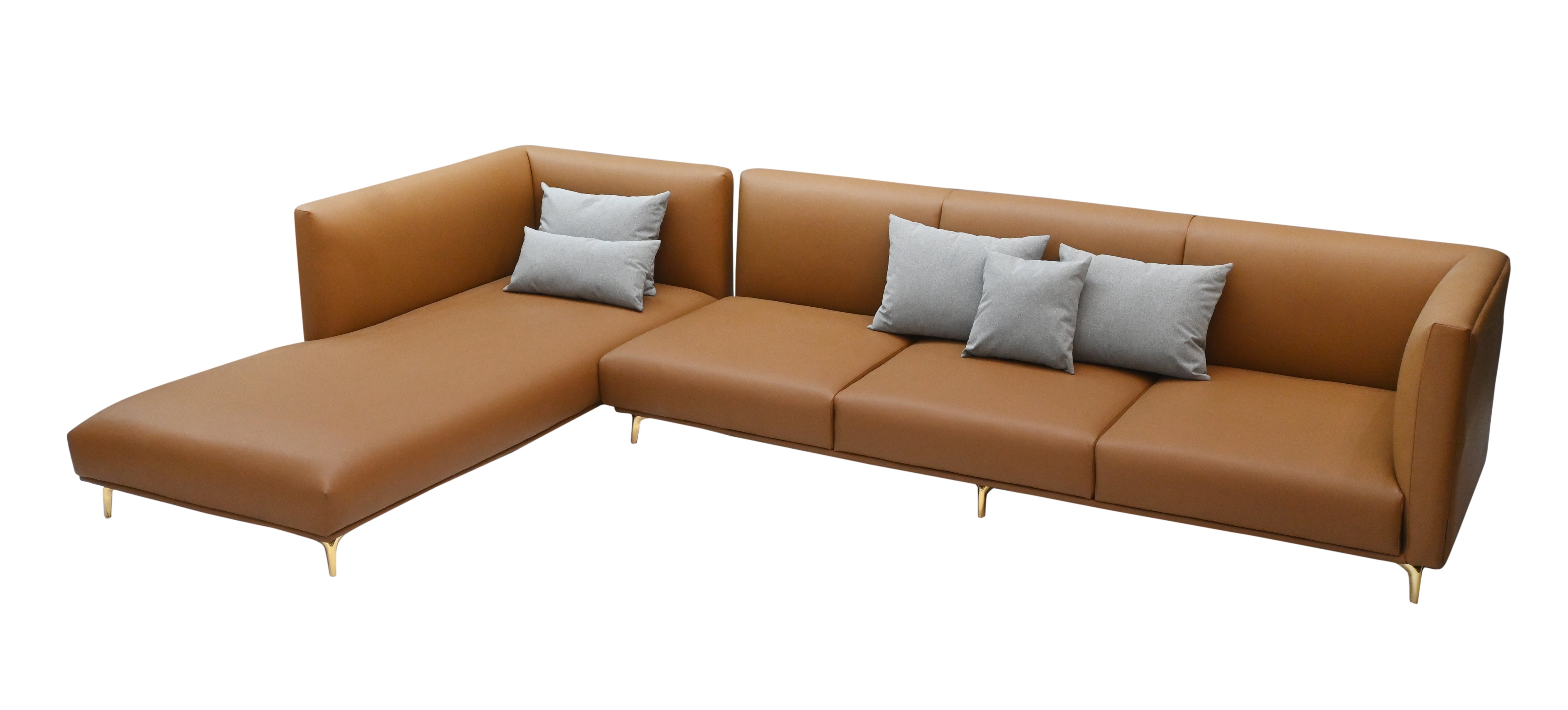 "Modern Tan Leather 3-Seater Sectional Sofa with  Gold Legs (Right-Arm/Left-Arm Facing)"