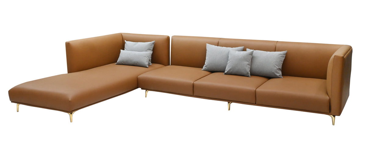 "Modern Tan Leather 3-Seater Sectional Sofa with  Gold Legs (Right-Arm/Left-Arm Facing)"