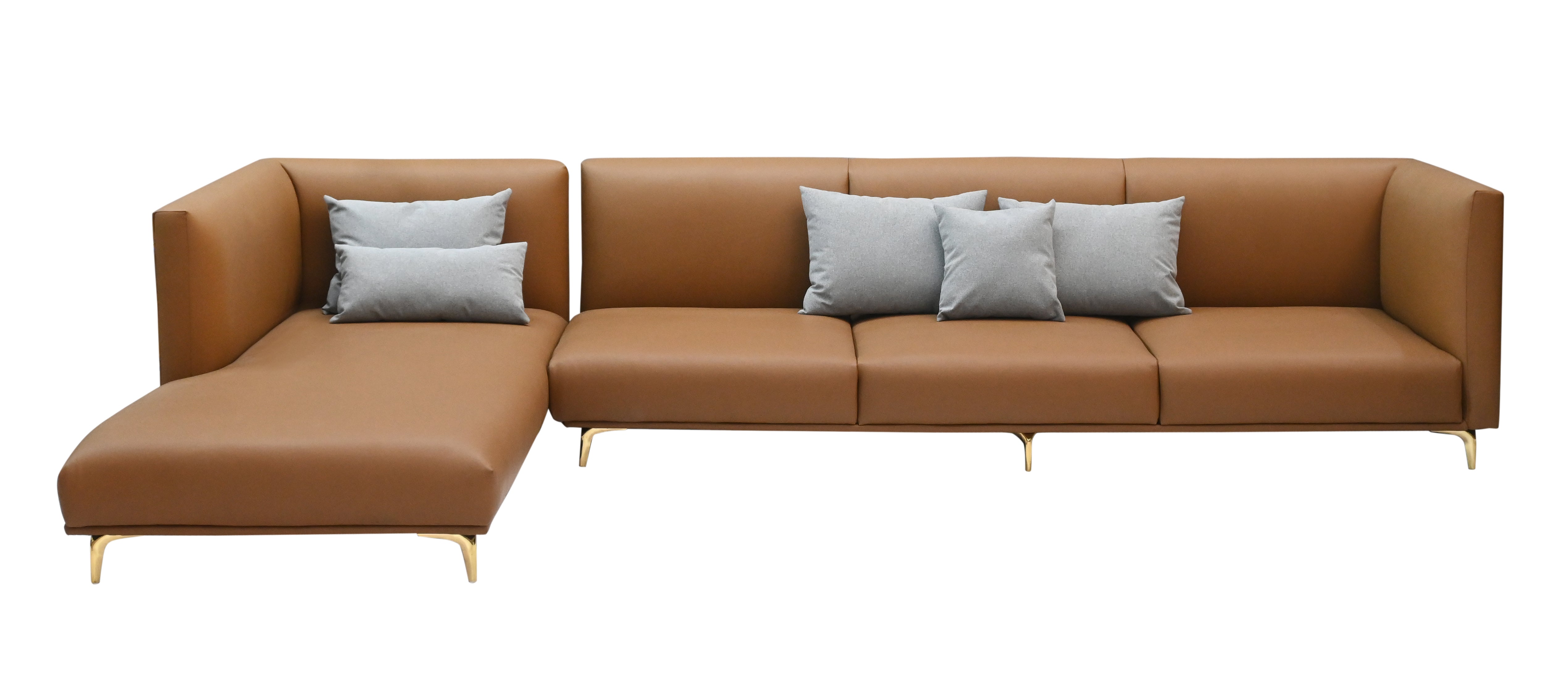 "Modern Tan Leather 3-Seater Sectional Sofa with  Gold Legs (Right-Arm/Left-Arm Facing)"