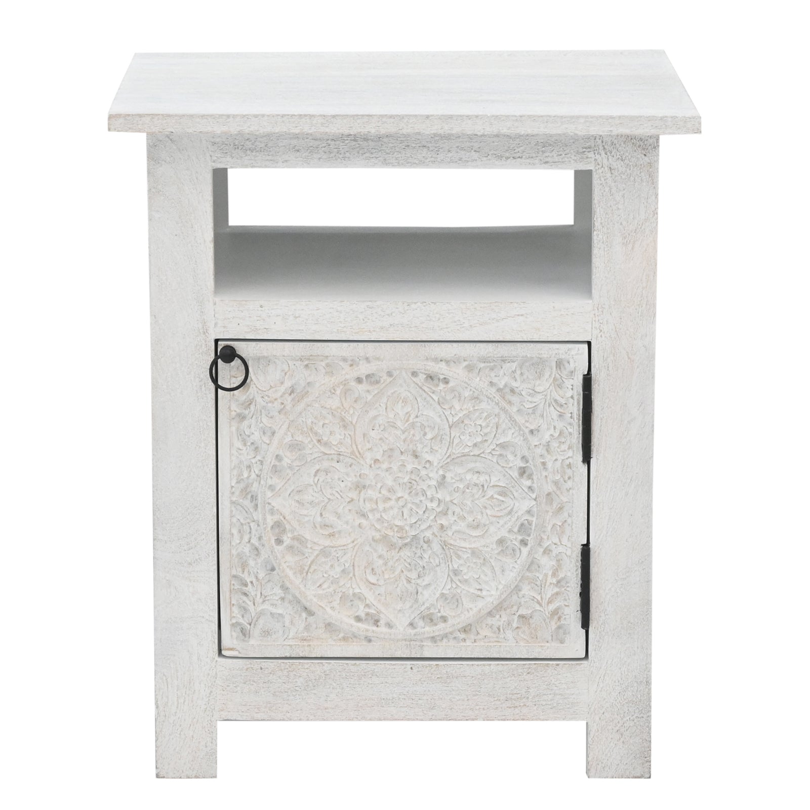 Hand-Carved Wooden 3-Drawer Nightstand  in Distressed Grey Finish