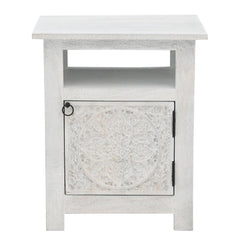 Hand-Carved Wooden 3-Drawer Nightstand  in Distressed Grey Finish