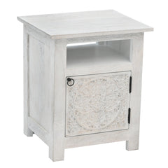 Hand-Carved Wooden 3-Drawer Nightstand  in Distressed Grey Finish