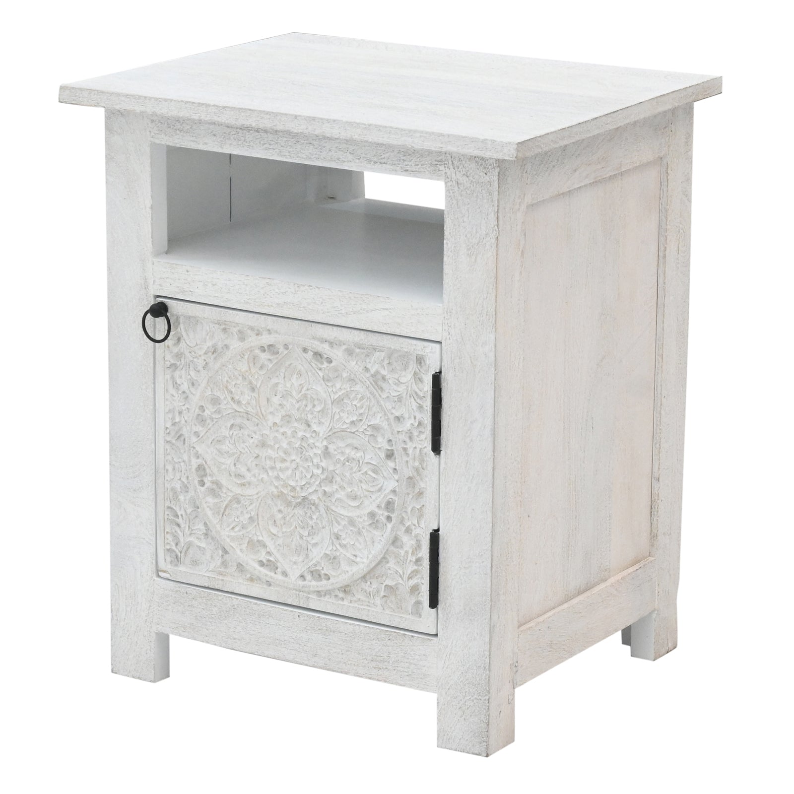 Hand-Carved Wooden 3-Drawer Nightstand  in Distressed Grey Finish