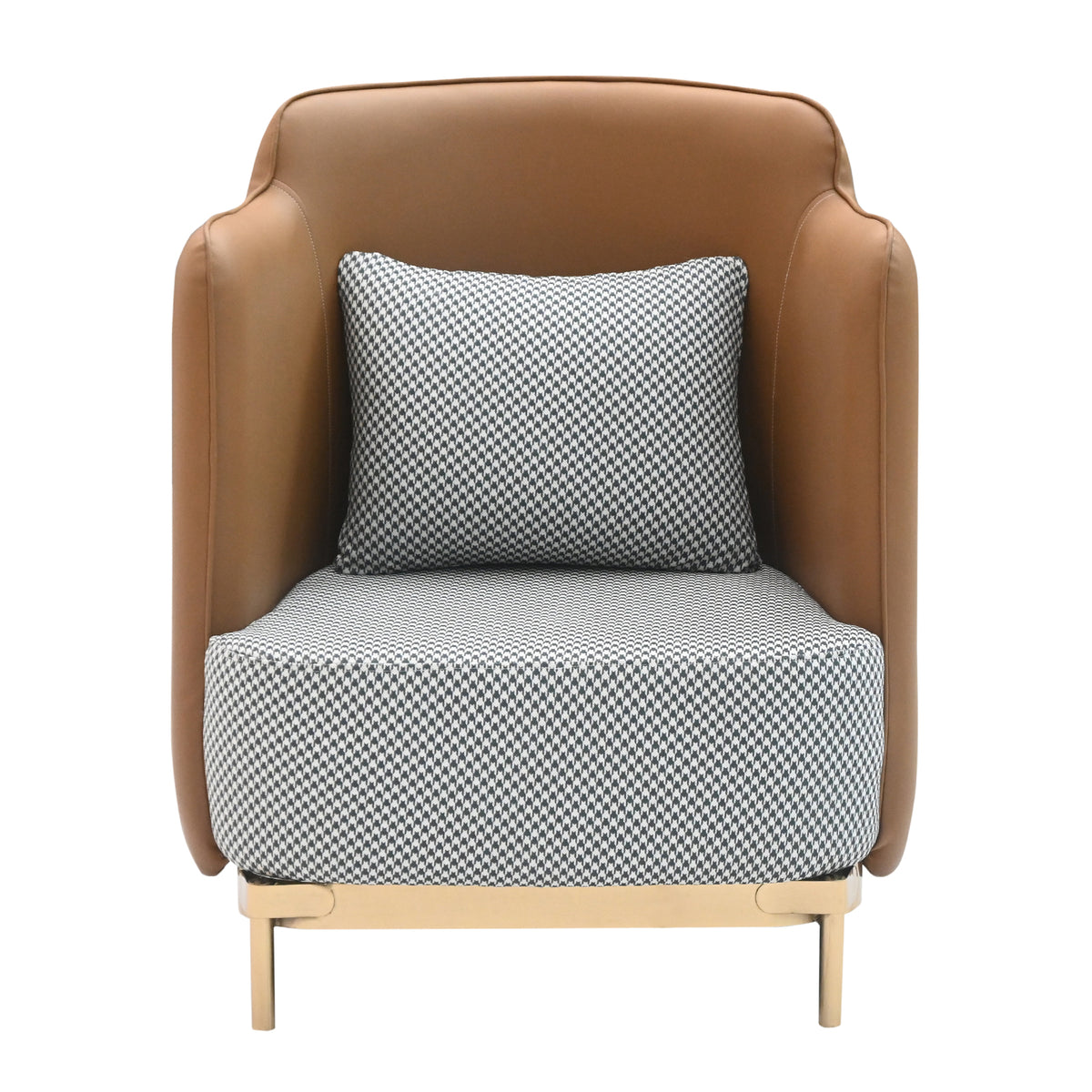 Modern Tan Leatherette & Houndstooth Fabric Accent Armchair with Gold Legs