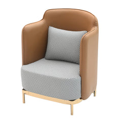 Modern Tan Leatherette & Houndstooth Fabric Accent Armchair with Gold Legs
