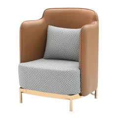Modern Tan Leatherette & Houndstooth Fabric Accent Armchair with Gold Legs