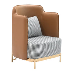Modern Tan Leatherette & Houndstooth Fabric Accent Armchair with Gold Legs