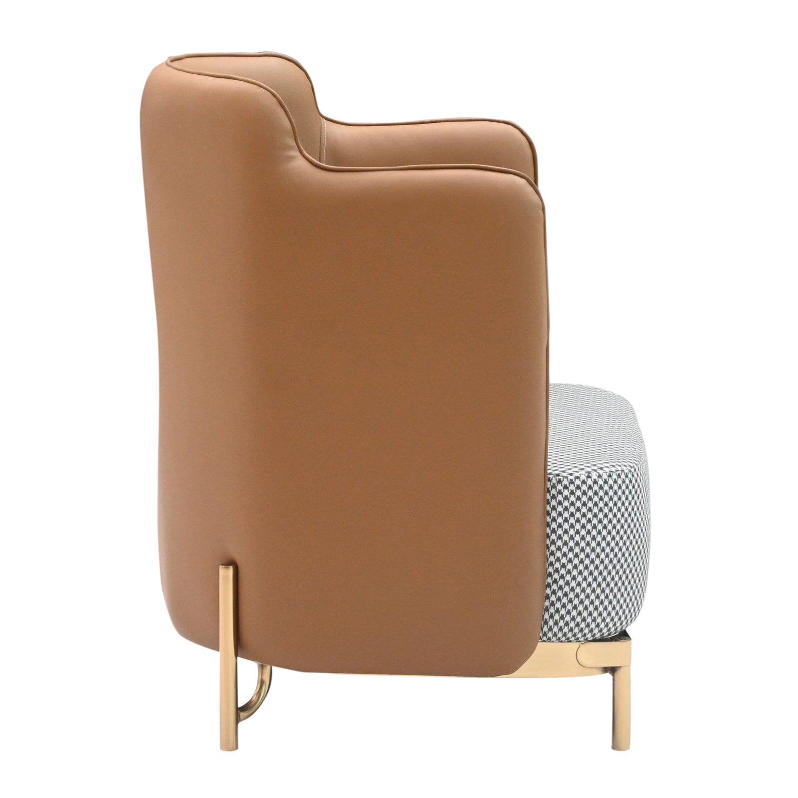 Modern Tan Leatherette & Houndstooth Fabric Accent Armchair with Gold Legs