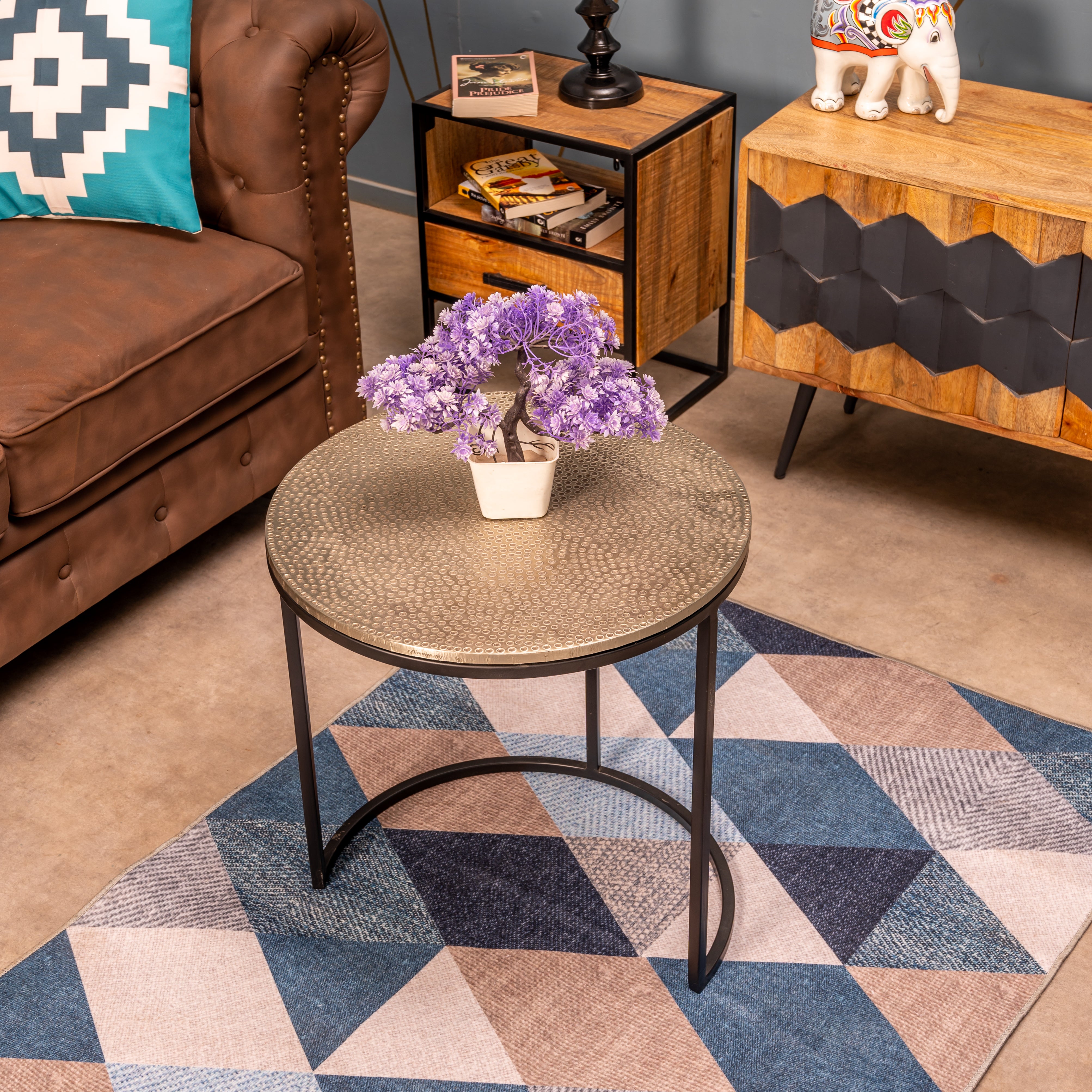 Industrial Nesting Round Side Tables with Hammered Metallic Tops (Set of 3)