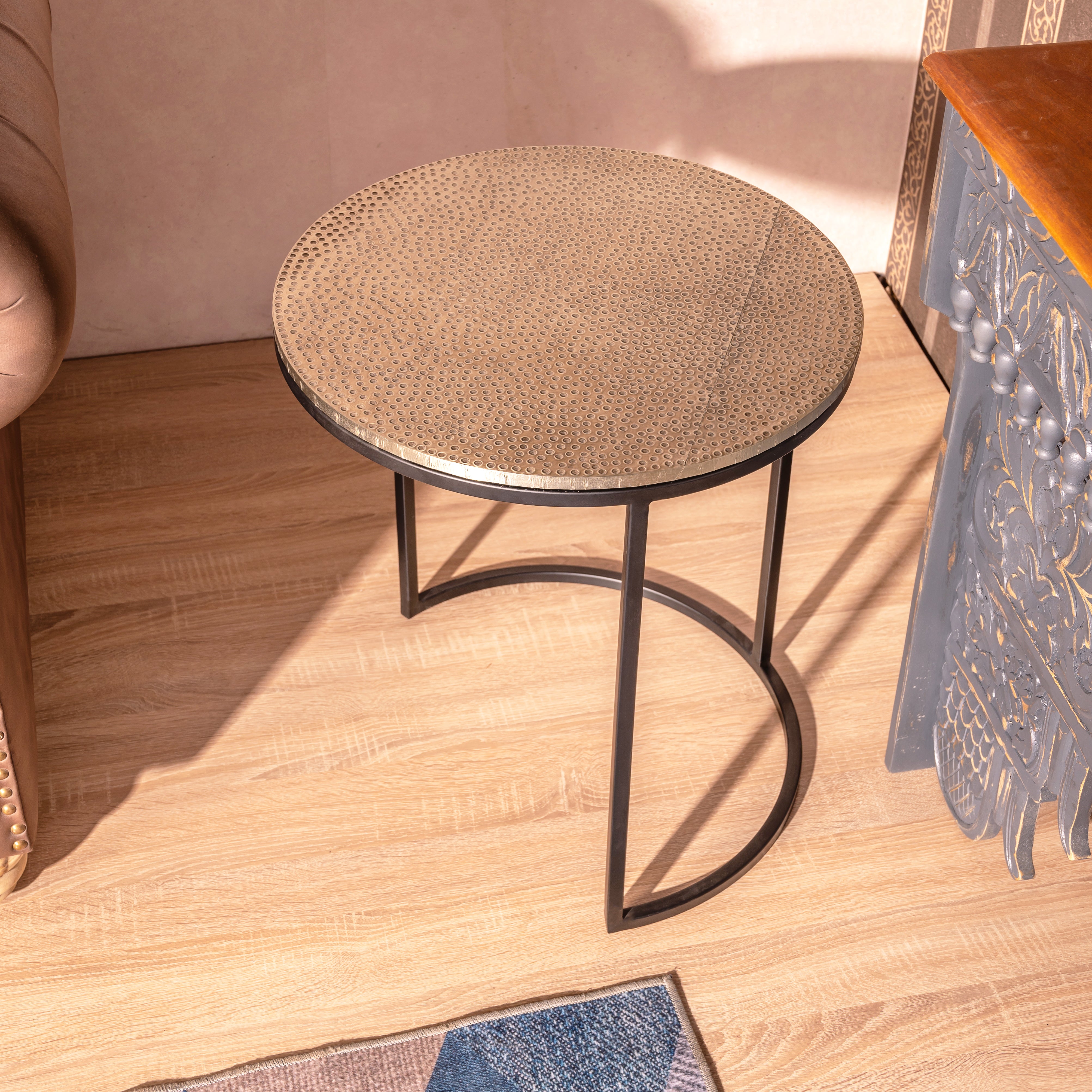 Industrial Nesting Round Side Tables with Hammered Metallic Tops (Set of 3)