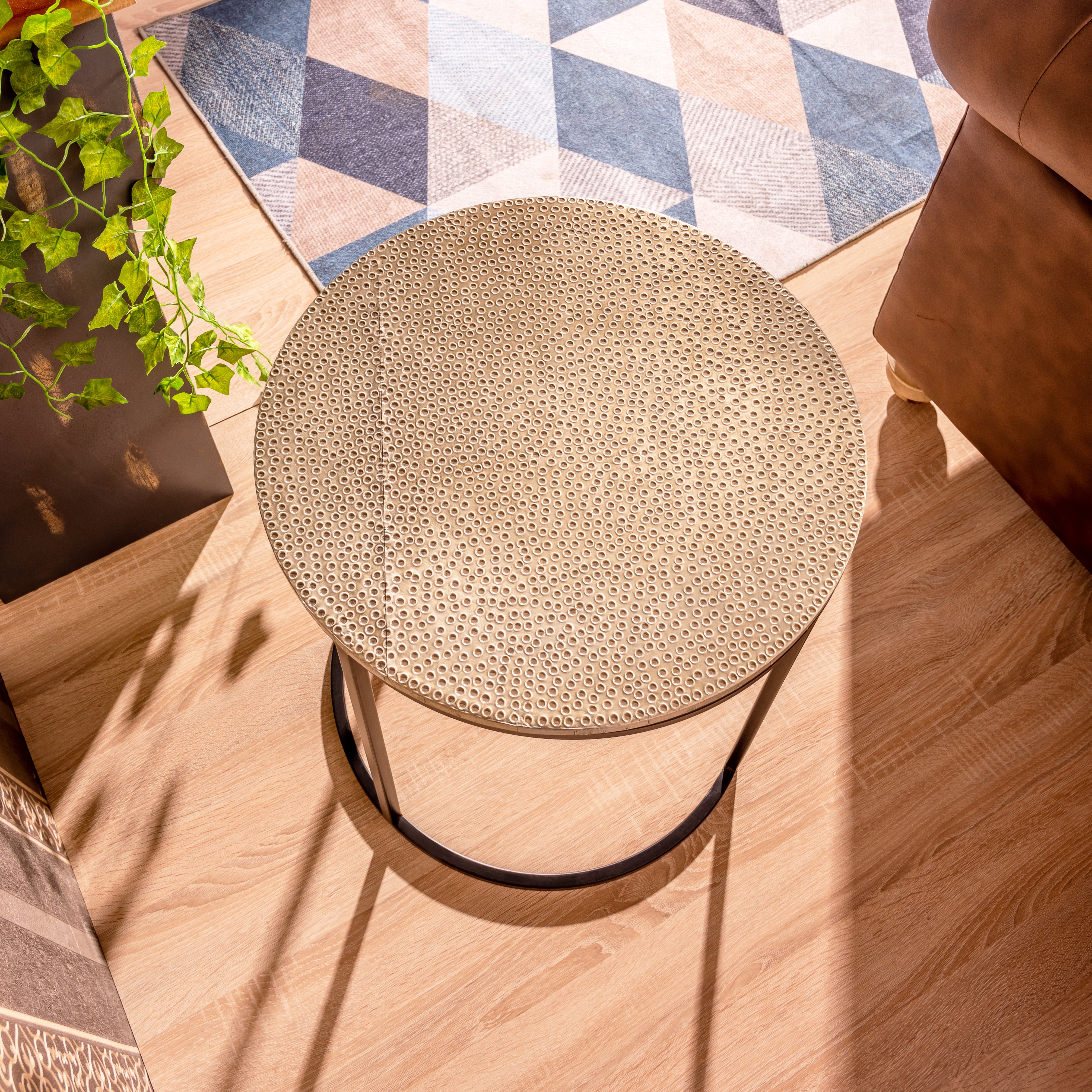 Industrial Nesting Round Side Tables with Hammered Metallic Tops (Set of 3)