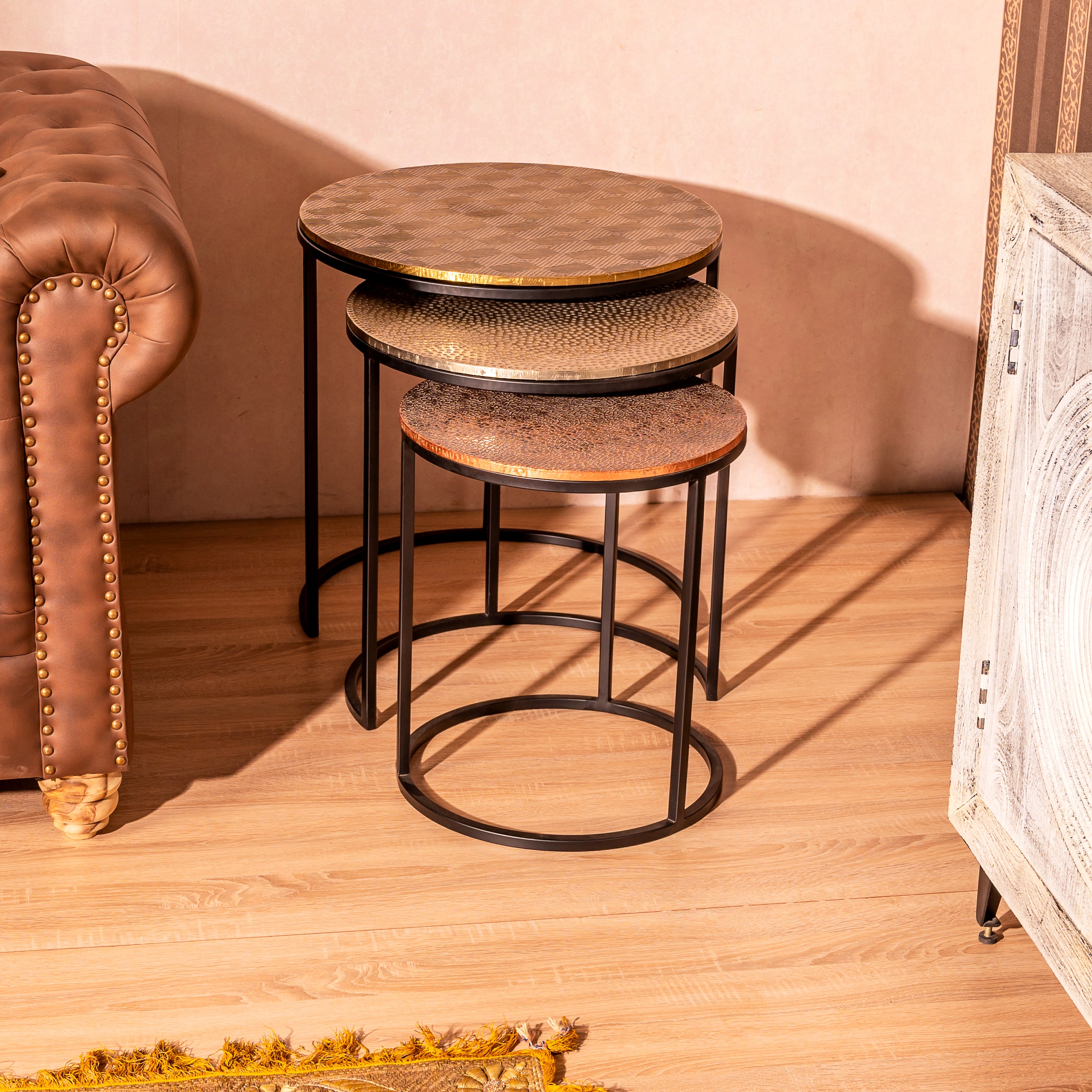 Industrial Nesting Round Side Tables with Hammered Metallic Tops (Set of 3)